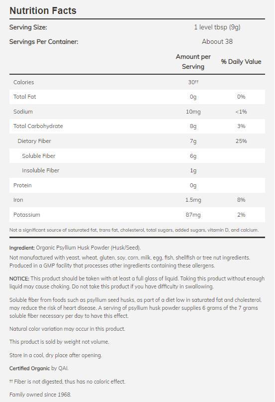 Polvo de cáscara de psyllium/orgánico - 680 gramos