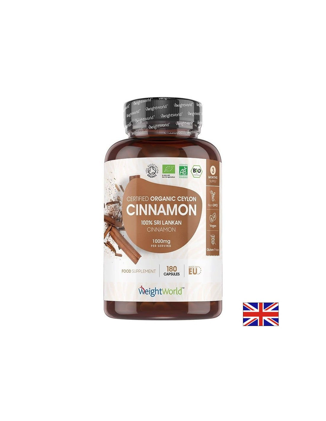 Gewiicht a Bluttzockerkontroll - Ceylon Zimt (organesch), 1000 mg x 180 Kapselen Welt