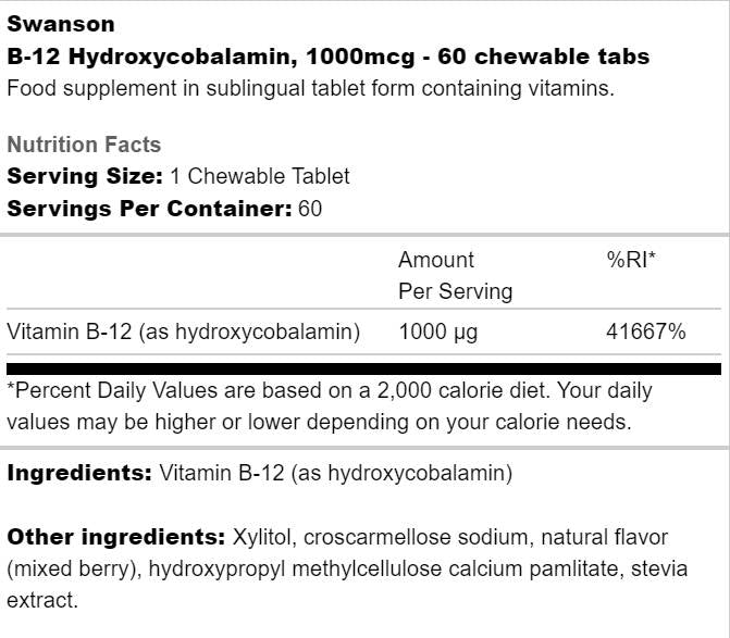 B-12 Hydroxycobalamin 1000 mcg 60 Chewable Tablets