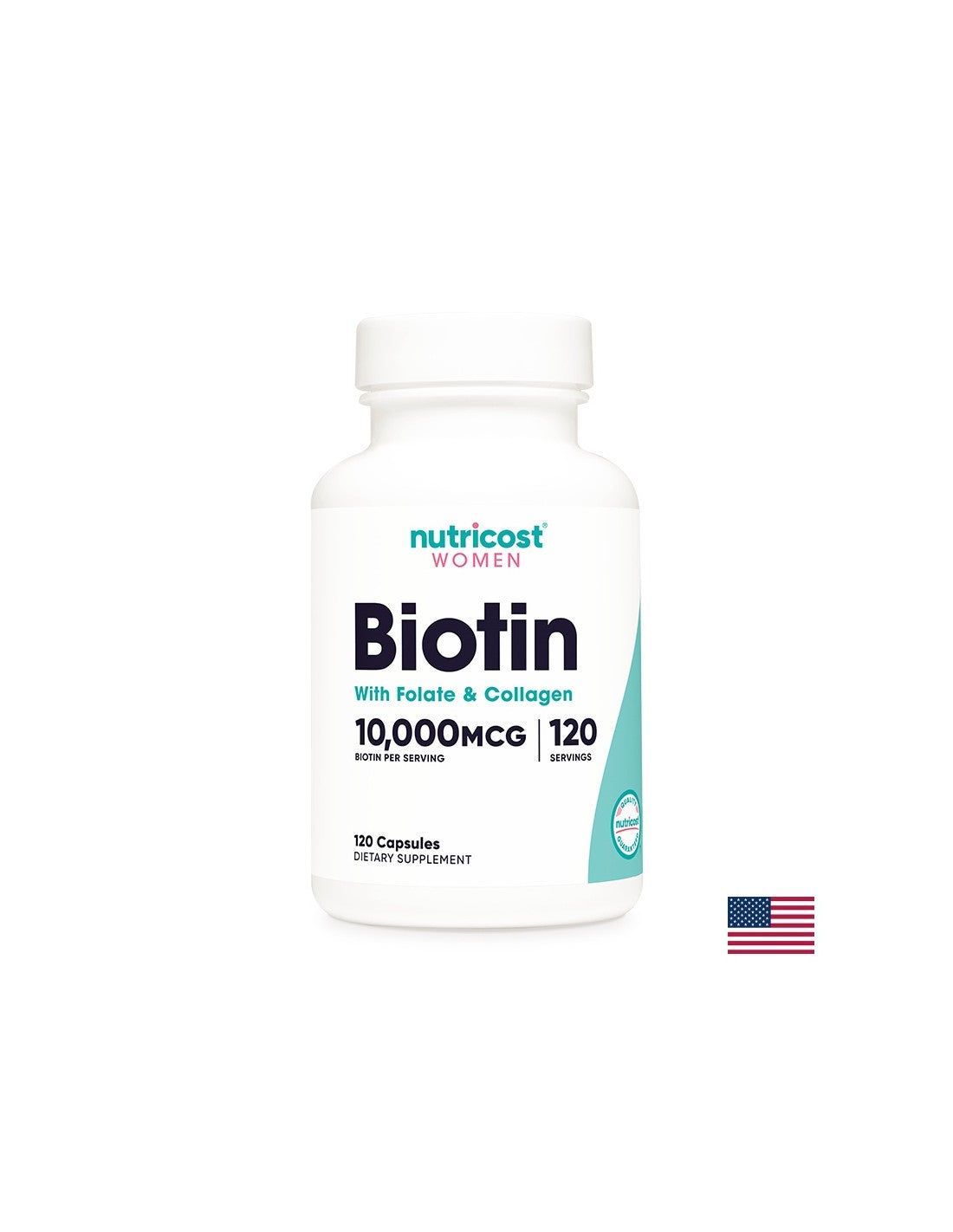 Plaukai, oda, nagai - biotinas su folatais ir kolagenu, 120 kapsulių „Nutricost“