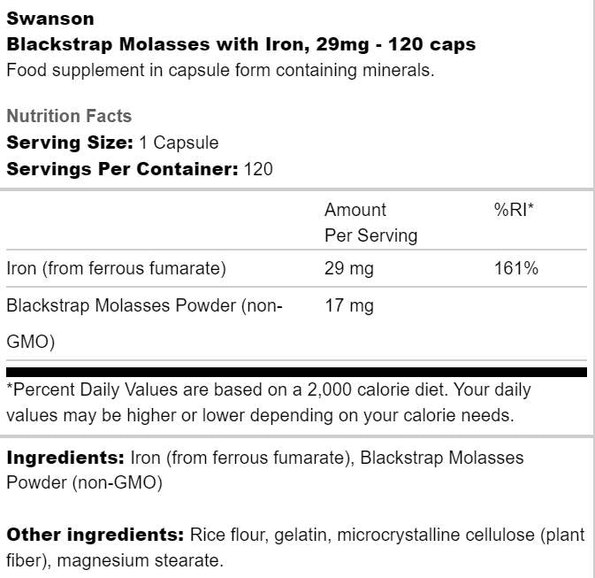 Blackstrap Molasses With Iron 29 mg 120 capsules