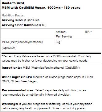 BEST Vegan MSM 1000 mg | With OptiMSM - 180 capsules