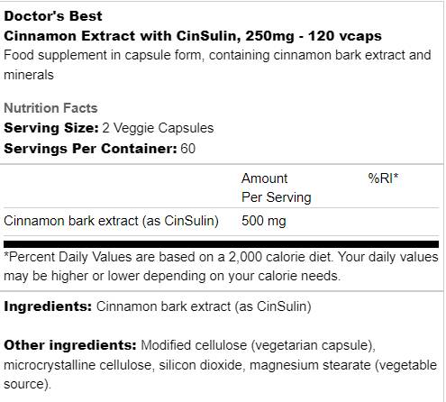 BEST Cinnamon Extract with CinSulin 250 mg - 120 capsules