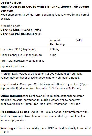 BEST CoQ10 with Bioperine 200 mg - 60 Gel capsules