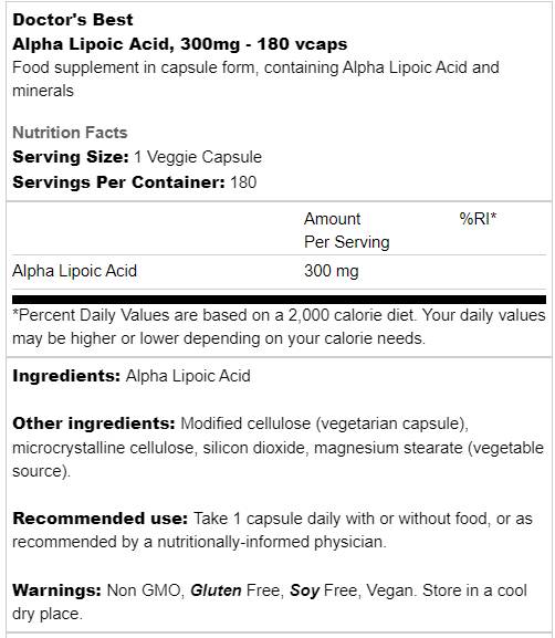 BEST Alpha Lipoic Acid 300 mg - 180 capsules