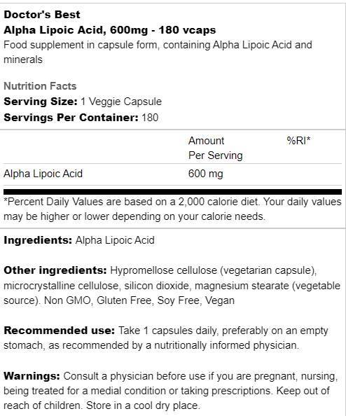 BEST Alpha Lipoic Acid 600 mg - 180 capsules