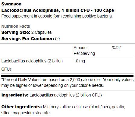 Lactobacillus Acidophilus 1 billion CFU 100 capsules