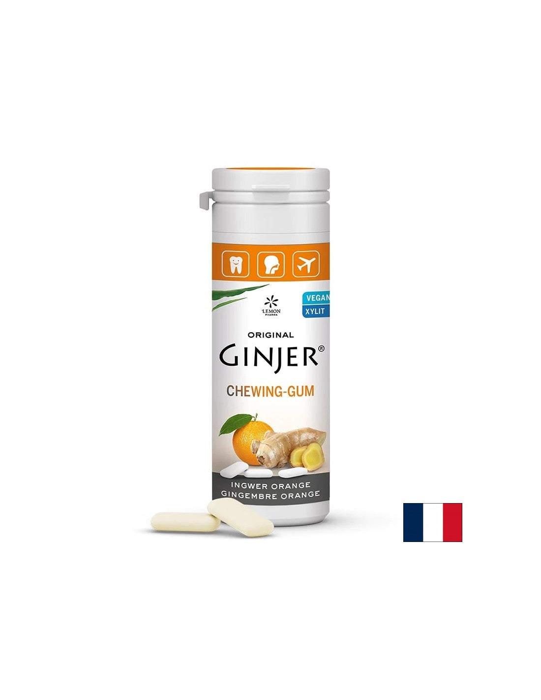 Chewing gum with ginger and orange - For fresh breath and reduction of nausea during travel, 20 pieces