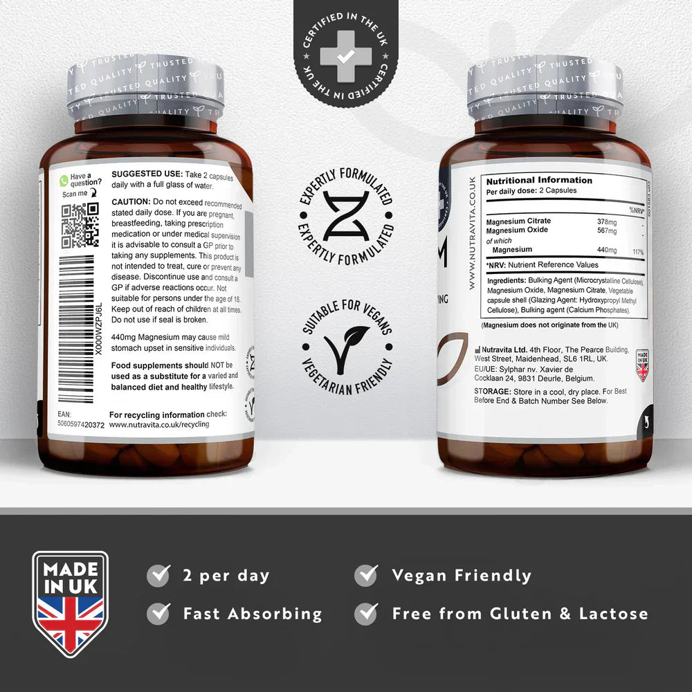 Magnesium (Citrat) 1480 mg (440 mg Pure Magnesium) - 180 Vegan Kapselen
