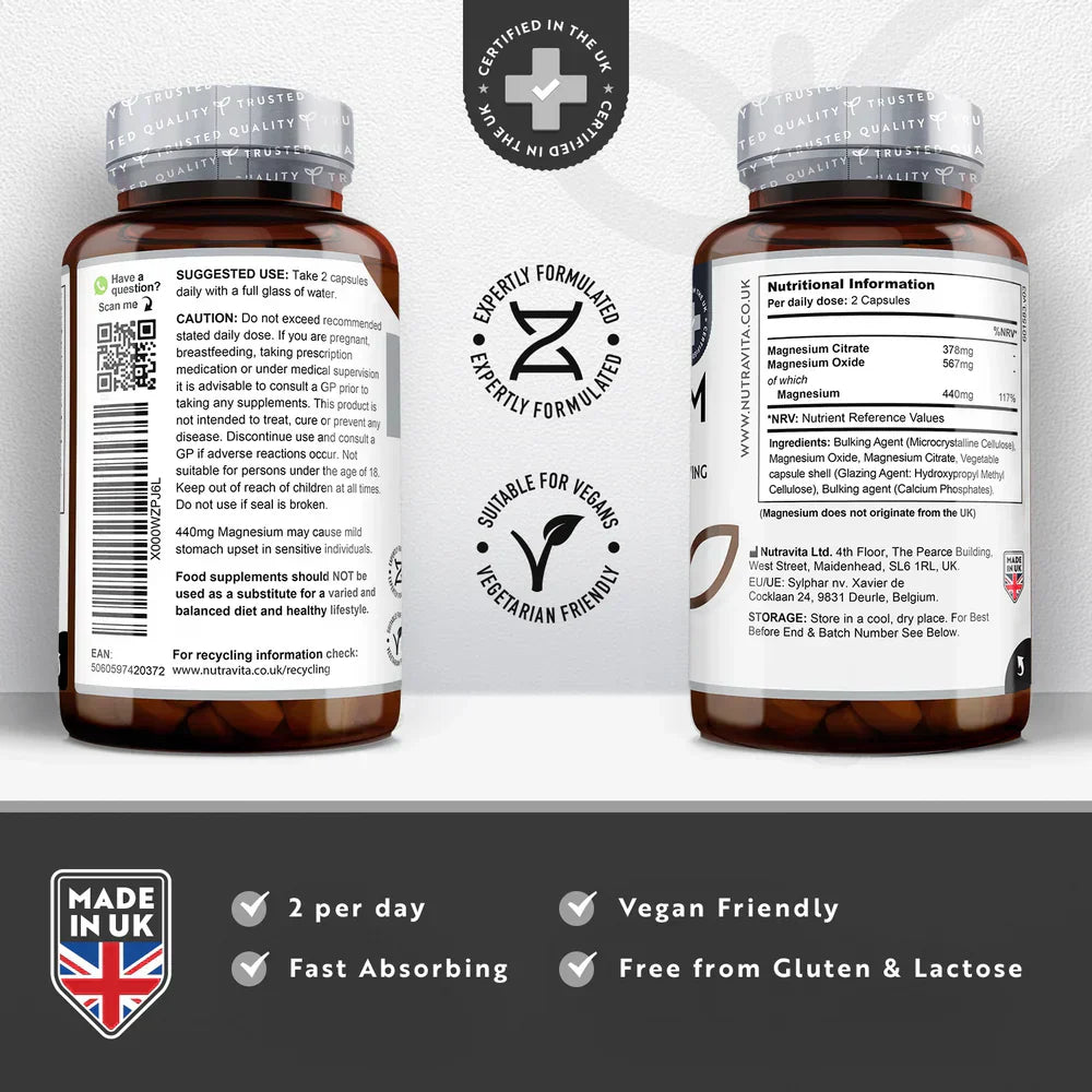 Magnesium (Citrat) 1480 mg (440 mg Pure Magnesium) - 180 Vegan Kapselen