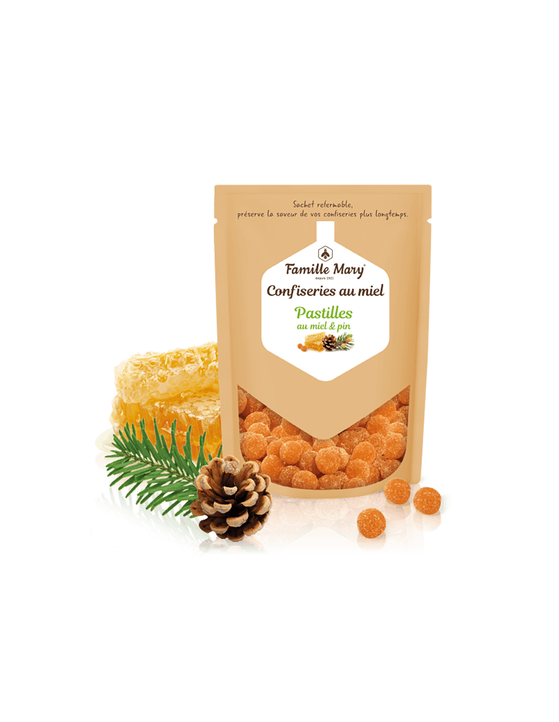 Candy Herbal con miel y aceite esencial de pino para una garganta saludable, 250 g