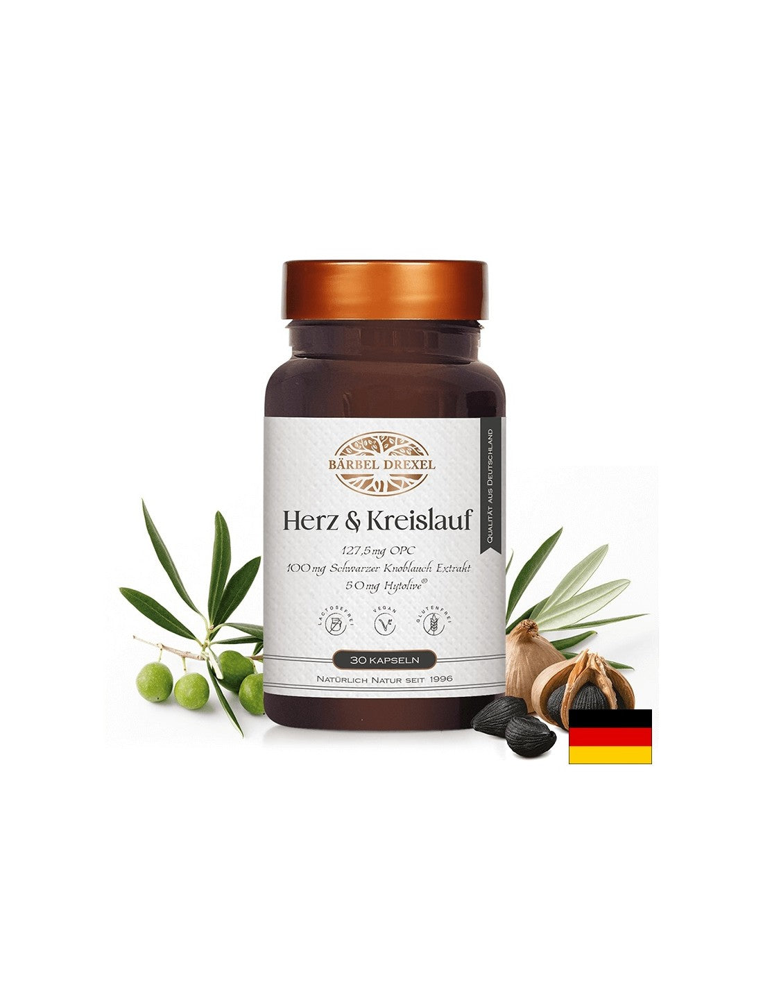Gesond Häerz a gutt Bluttzirkulatioun - eng Formel mat Grappe Seel, schwaarz Knuewelek, Olive an Vitamin e, 30 Kapselen