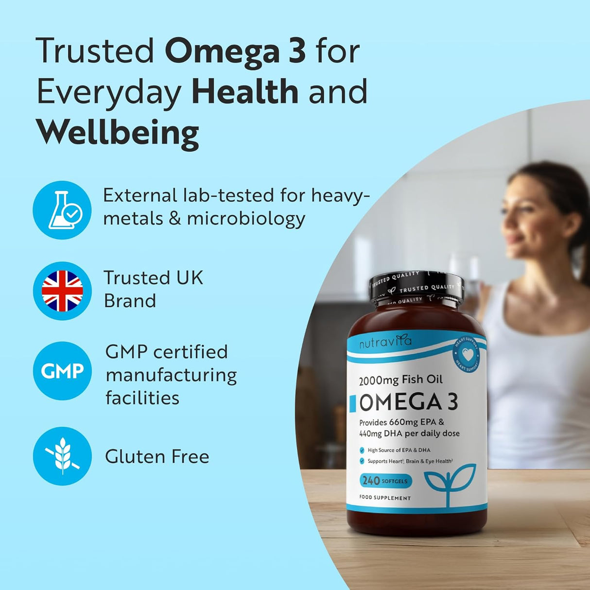 Omega 3 2000 mg /EPA 660 mg, DHA 440 mg/ Aceite de pescado puro /240 cápsulas, 120 dosis/ <tc>Nutravita</tc>