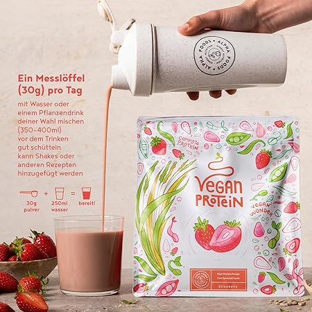Veganské proteinové práškové jahody - 600 g vyrobené v Německu - Alpha Foods