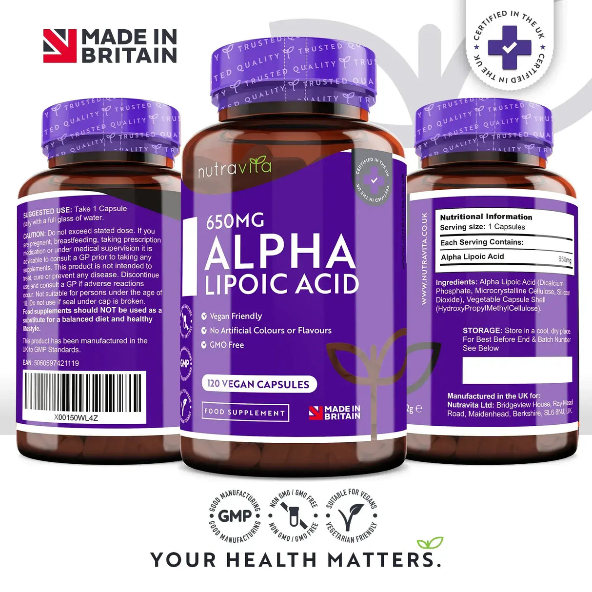 Cápsulas de ácido lipóico Alpha 650mg / 120, 120 doses / nutravita