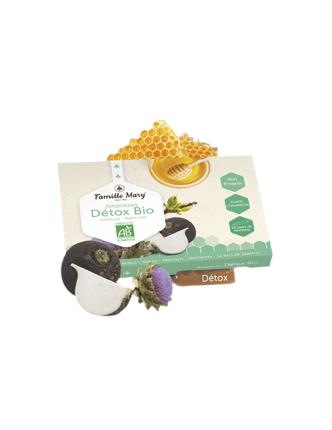 Ampoules Détox Bio Artichaut-Radis noir / Detox bio with artichoke, black turnip, honey and propolis / 10 ampoules Famille Mary