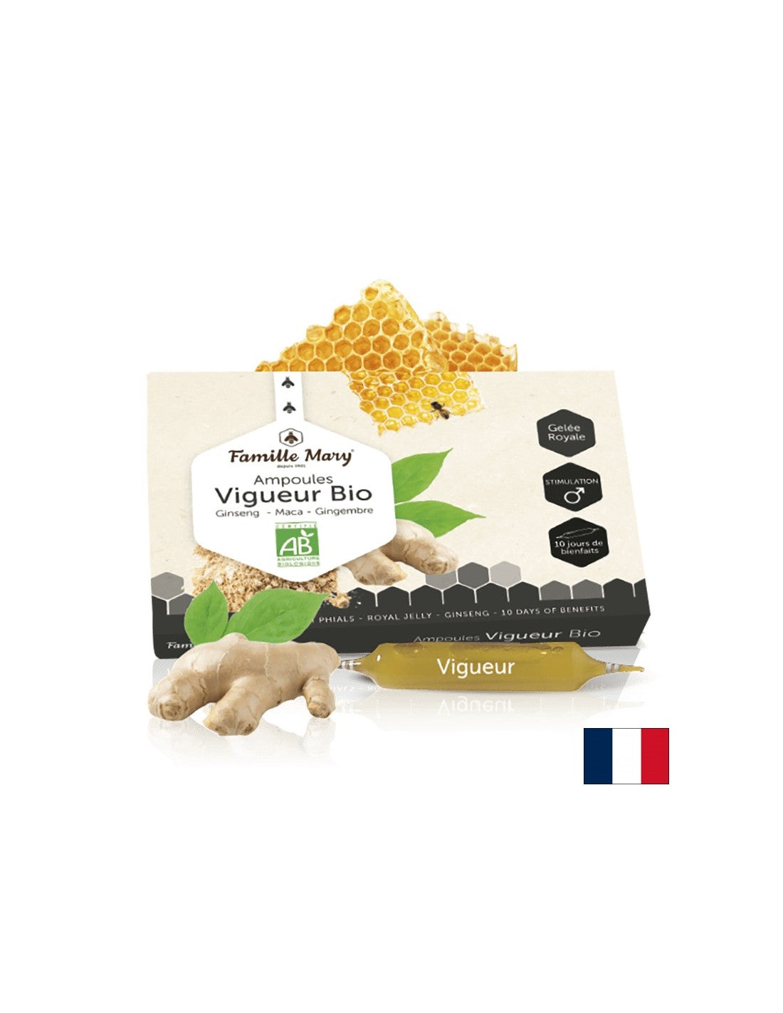 Ampoules Vigueur Bio Ginseng, Maca, Gingembre + Gelée Royale/Fórmula para la vitalidad y la potencia masculina, 10 Ampoules Famille Mary