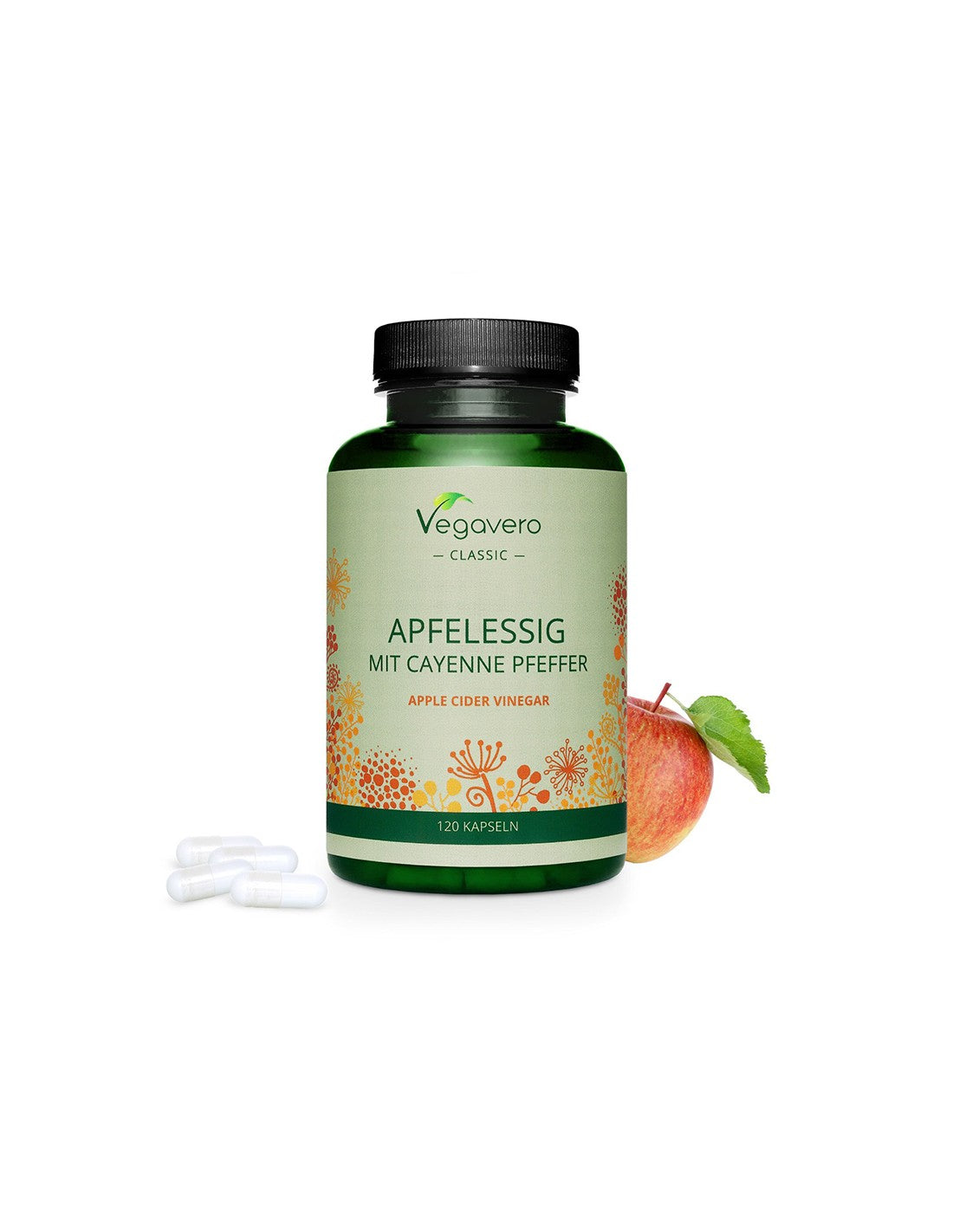 APFLSLESSIGS MIT CAYENEEEPFEPPEBUPEN - Apple Vineegar + Hot Red Peffer, 120 Kapselen Vegaveo
