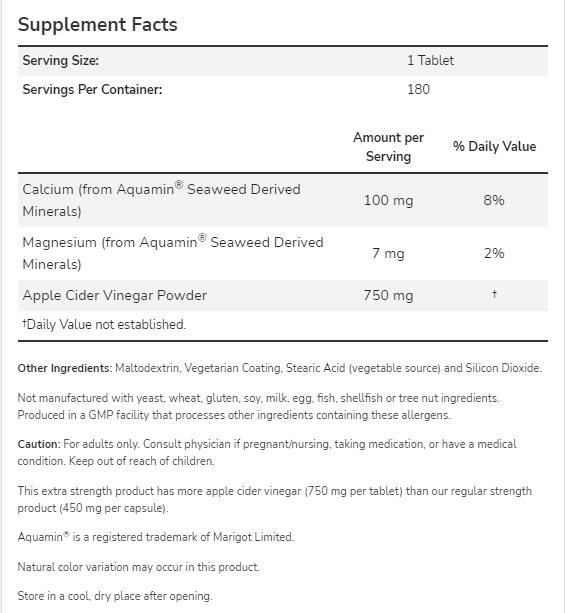 Apple Cider Vinegar 750mg | Extra Strength - 180 Tablets