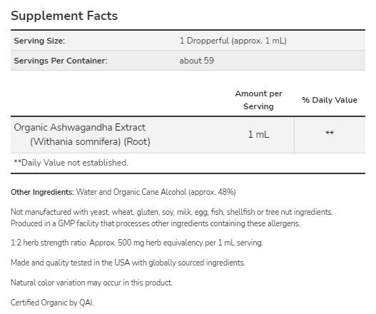 Ashwagandha Extract Liquid | Certified Organic - 59 ml
