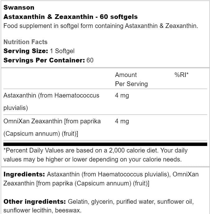 Astaxanthin and Zeaxanthin 60 Gel capsules