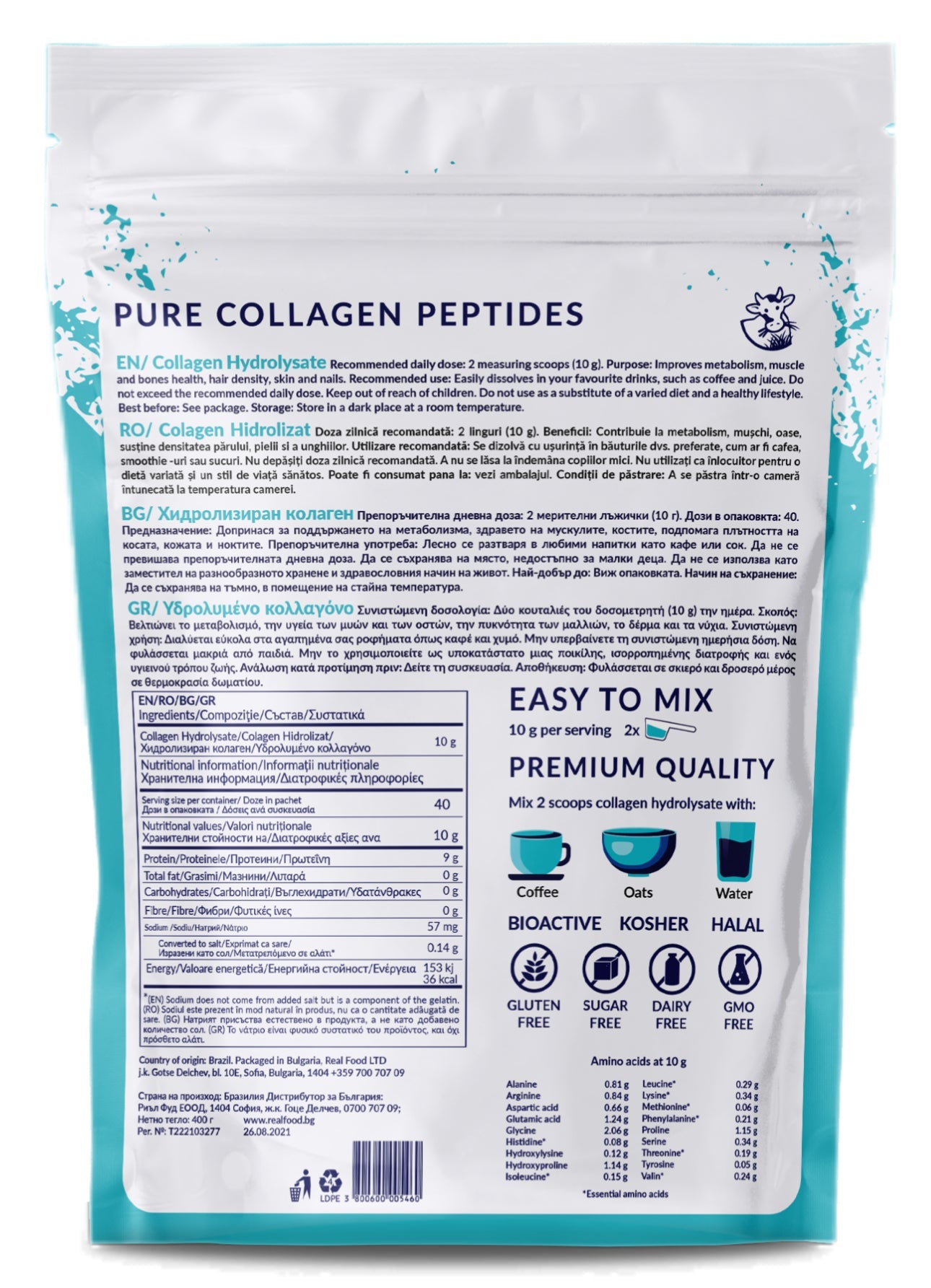 Hydrolyzed bovine collagen type 1 and 3 (10,000 mg) - 40 doses, 400 g