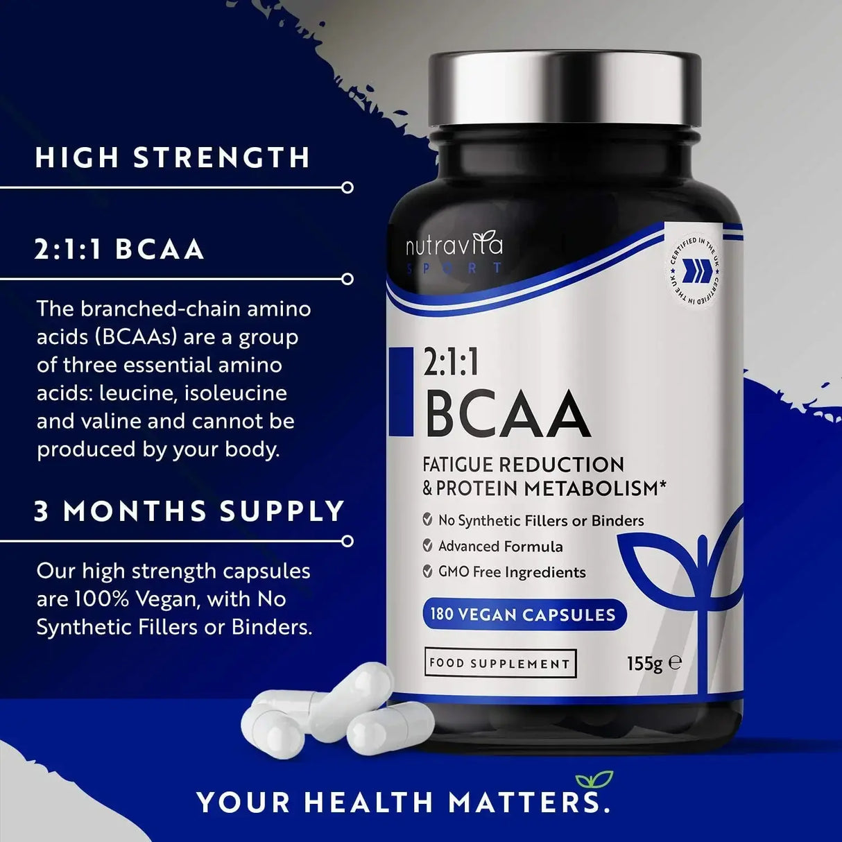 BCAA (2:1:1) with Vitamins B6 & B12 - 180 Vcaps. Nutravita