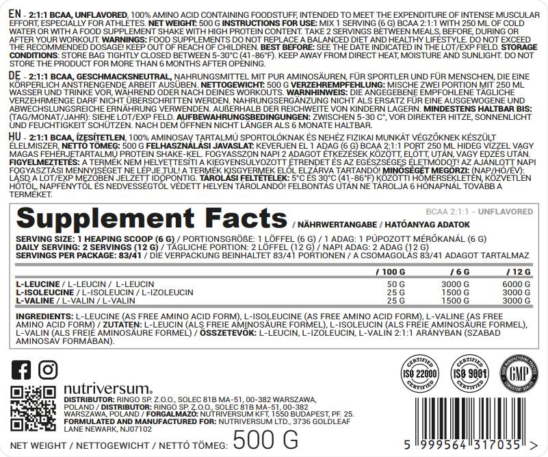 BCAA 2:1:1 Powder - 500 grams