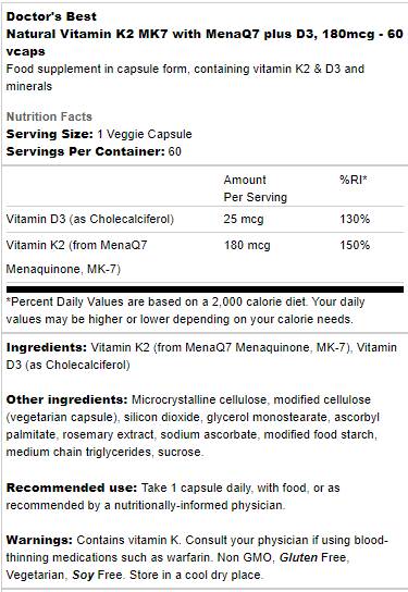 BEST Natural Vitamin K2 MK-7 180 mcg | Plus D-3 - 60 capsules
