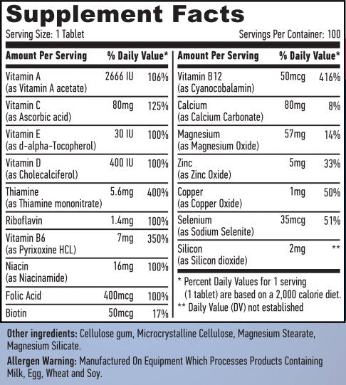 Pagrindinis suaugusiųjų multivitamino 100 lentelė.