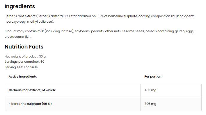 Berberine Sulphate 396 mg | 99% Berberis Root Extract 60 capsules