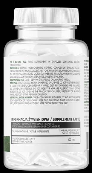 Betaine HCl 650 mg 90 kapsulės