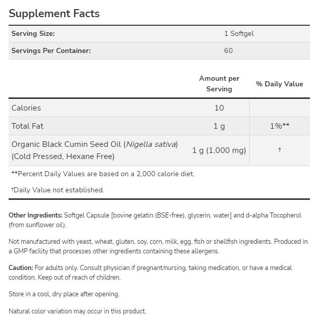 Black Cumin Seed Oil 1000 mg - 60 Gel capsules