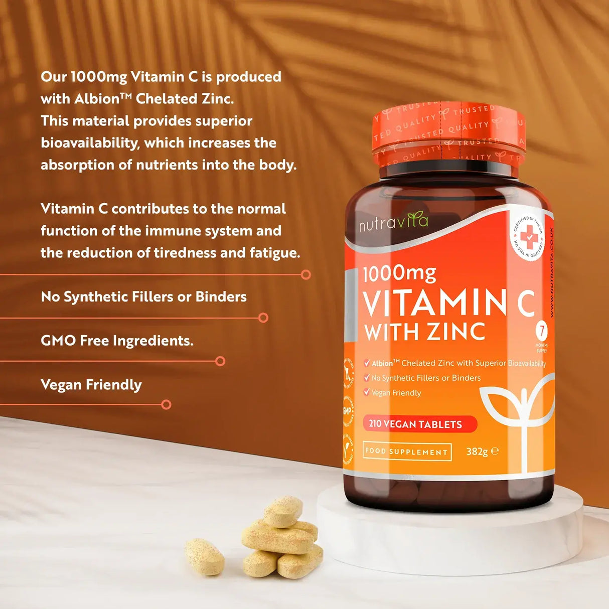 Vitamin C 1000 mg with Zinc (Albion® Zinc) 15mg 210 tablets Nutravita