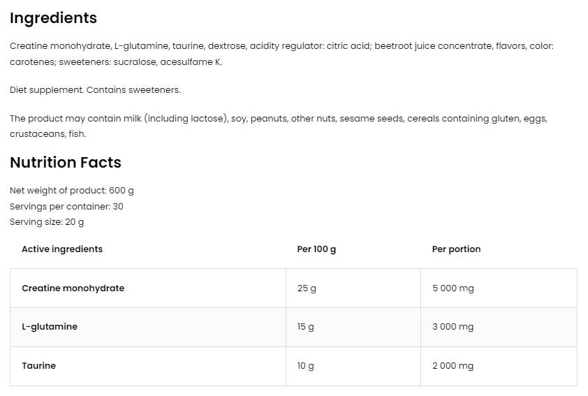 CGT Pudder / Creatine + Glutamine + Taurin 600 Gramm
