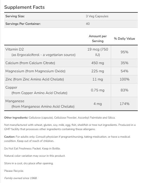Calcium Citrate Caps | + Magnesium, Vitamin D, Zinc, Copper, Manganese - 120 capsules