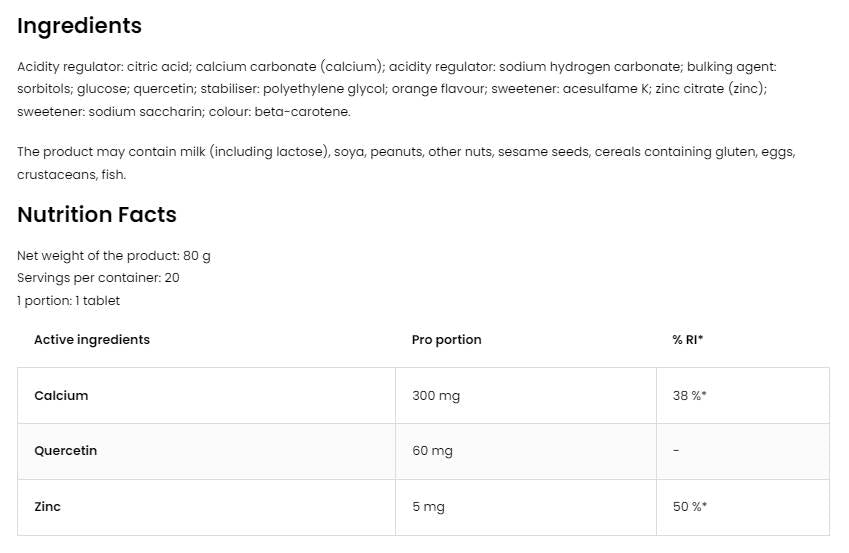 Calcium and Quercetin and Zinc | Effervescent 20 soluble tablets