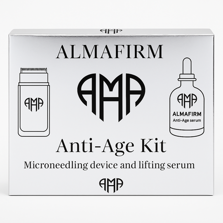 Almafirm Anti-Age Kit packaging with microneedling device and lifting serum illustration.