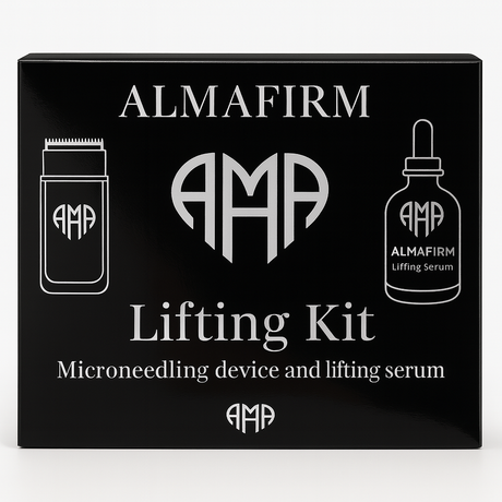 Almafirm Lifting Kit packaging with microneedling device and lifting serum illustration on a black background.