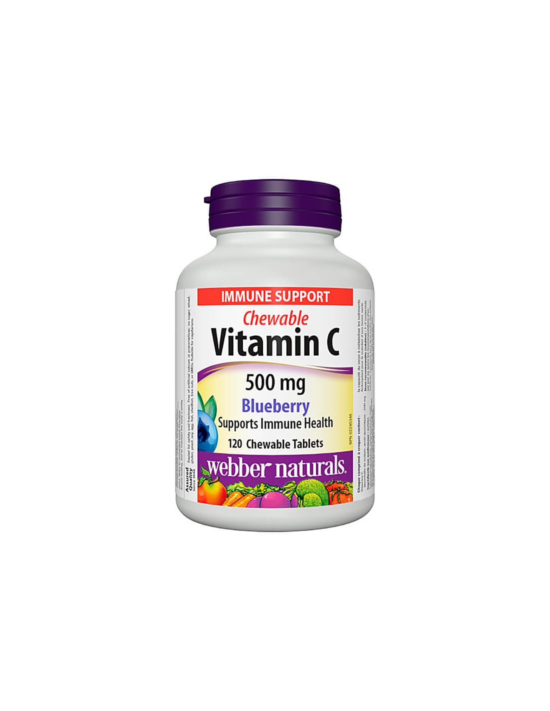 Vitamina C masticable 500 mg - Vitamina C 500 mg - 120 comprimidos masticables con sabor a arándano <tc>Webber Naturals</tc>