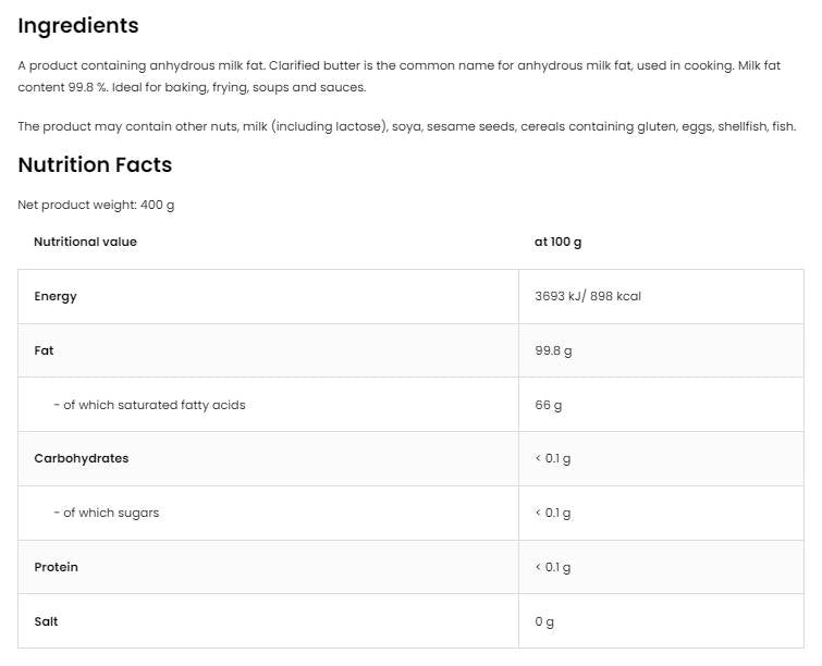 Clarified Butter 99.8% Milk Fat 400 grams