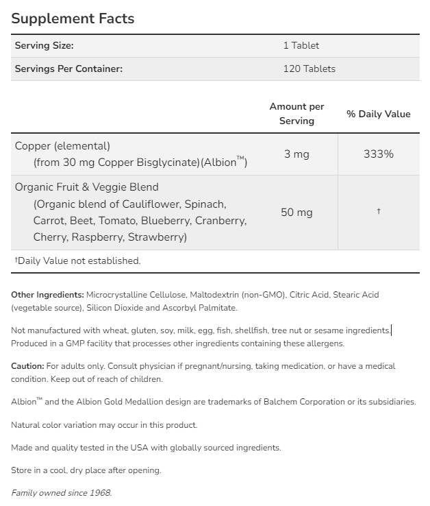 Kupfer Glycinat 3 mg | Albion ™ Koppel Bisglycinat - 120 Pëllen