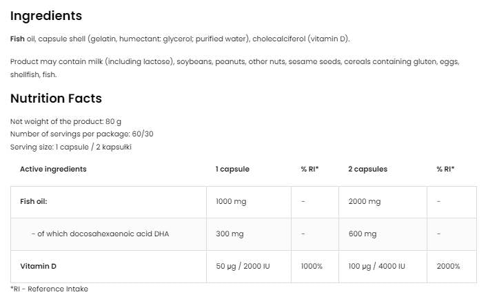 DHA + vitamina D3 | 300 mg DHA del aceite de pescado 60 cápsulas de gel