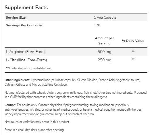 Arginina e citrulina - 240 cápsulas