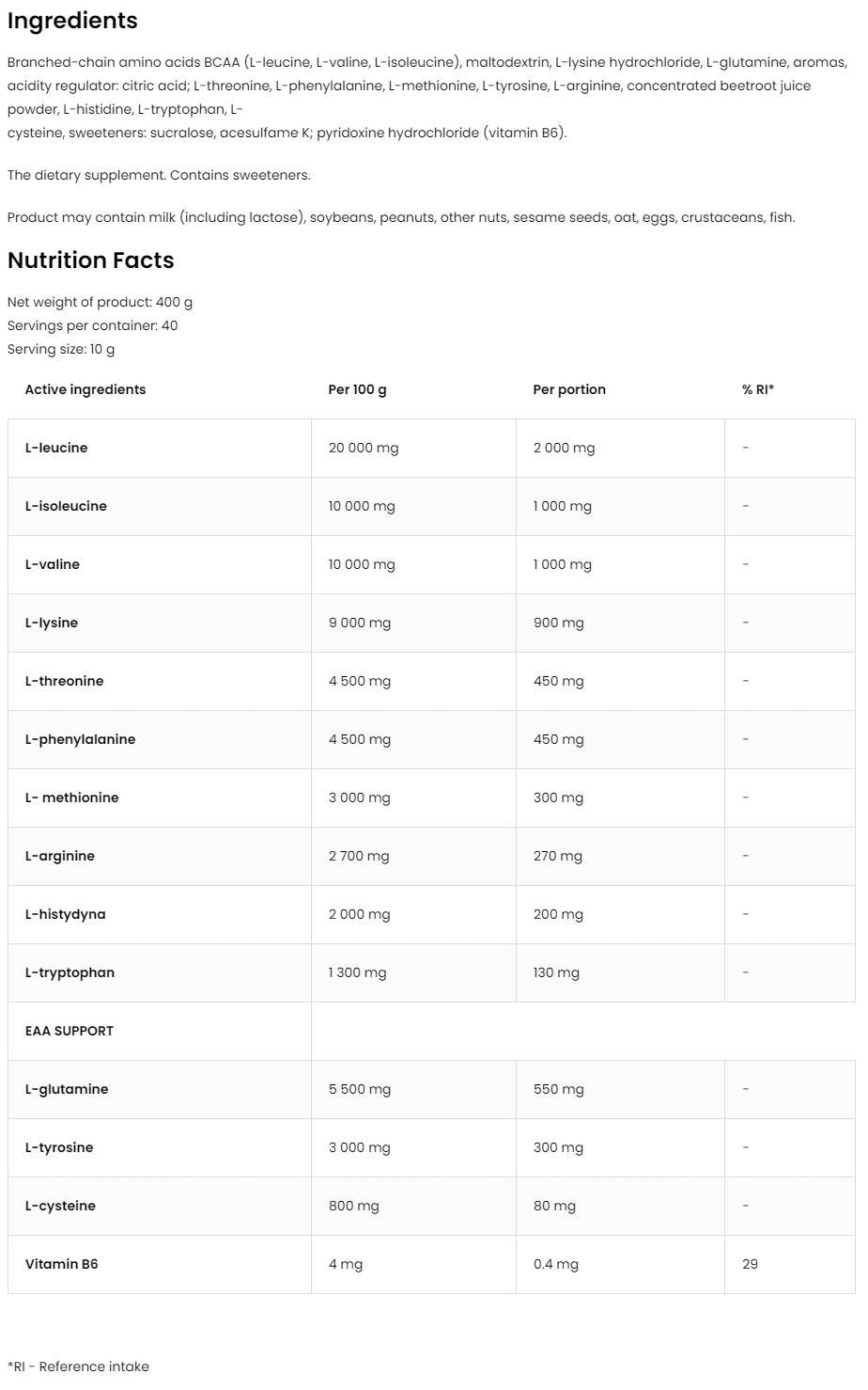 EAA / Essential Amino Acids - 200 grams