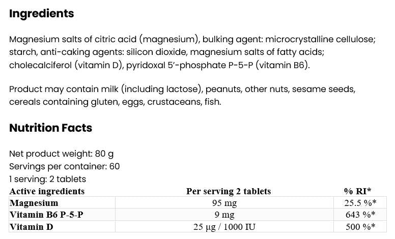 Magnesium + Vitamin D3 2000 IU + B6 120 Pëllen