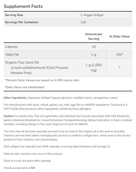 Aceite de lino 1000 mg | Fórmula vegana - 120 Softgels