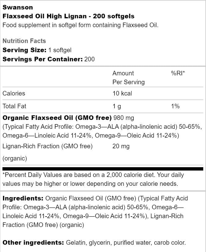 Flaxseed Oil High Lignan 200 Gel capsules