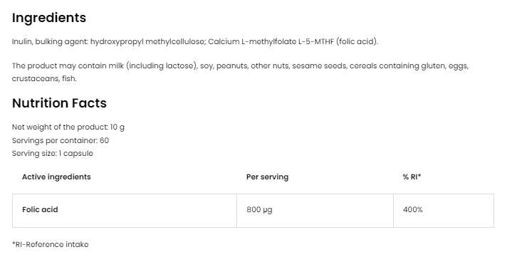 Kwas foliowy 800 mg | Folian metylowy 5-MTHF 60 kapsułek