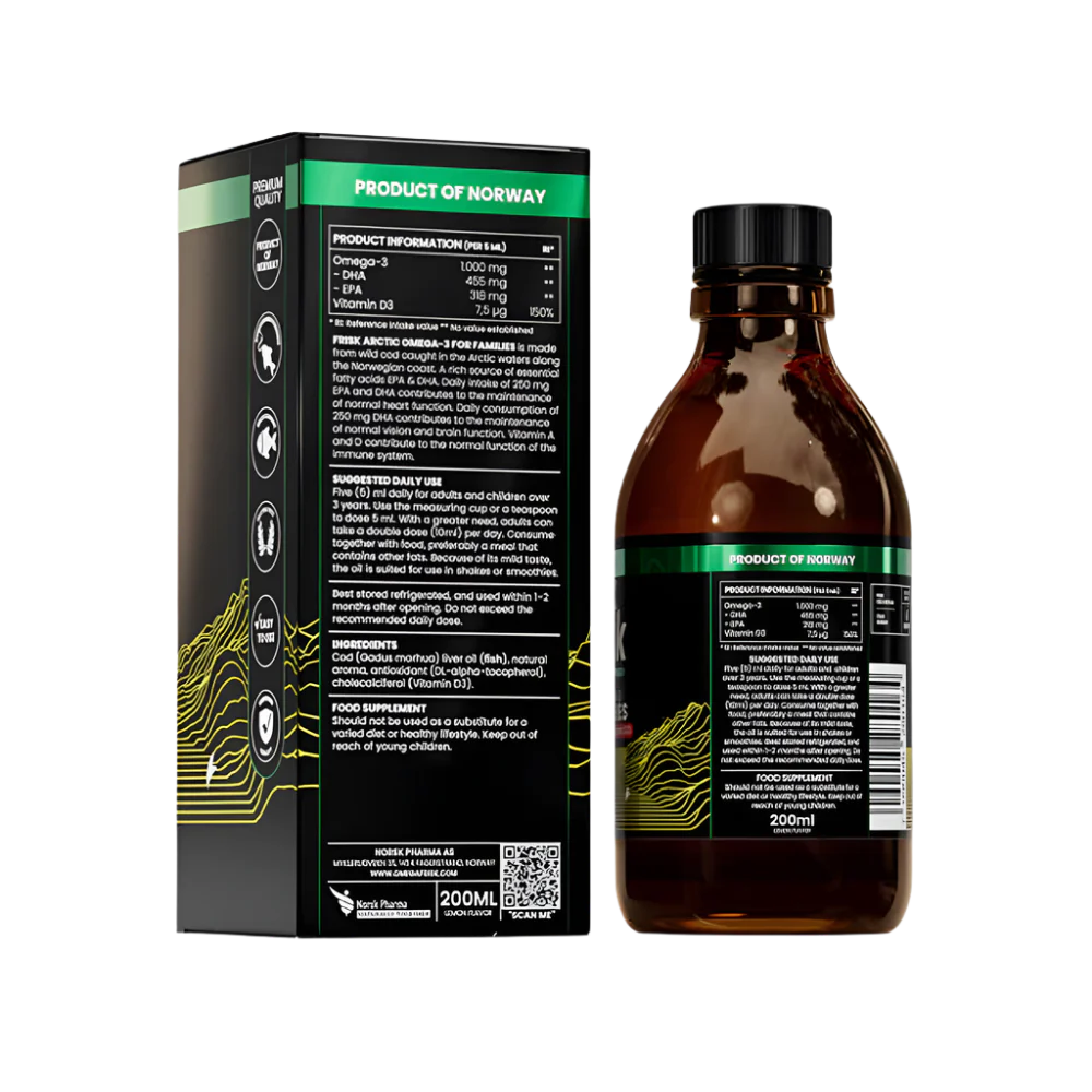 Arktická kapalina-kapalina Omega-3-Citronová příchuť / 100% divoká treska z Norska-200 ml